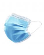 Mascherina chirurgica a tre strati in TNT con elastici, caratterizzata da colore azzurro e fermanaso flessibile per un adattamento stabile.