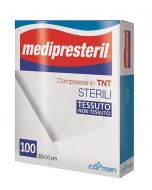 Compresse sterili in TNT 12/8 per medicazioni - 100 pezzi 10x10 cm. Utilizzo per compressione e assorbimento essudati, protezione piaghe e cordoni ombelicali. Materiale: 70% viscosa, 30% poliestere. CND: M020199. Repertorio: 1574165. Classe CE: IS - Class
