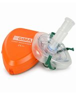 Pocket mask per rianimazione con cuffia gonfiabile e valvola antireflusso, vista frontale su fondo bianco