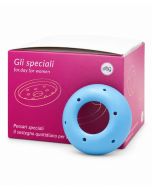 Pessario cervicale perforato in silicone medicale azzurro, vista frontale su fondo bianco con packaging