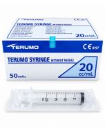 siringa Terumo 20ml senza ago Luer Lock concentrico, evidenzia la precisione e la trasparenza del cilindro per un uso sicuro e affidabile nel campo medico.