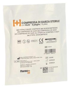 Compressa di garza sterile 10x10 cm a 8 pieghe in cotone idrofilo bianco per medicazioni professionali e uso sanitario.