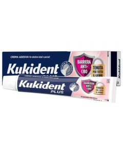 Crema adesiva per dentiere Kukident Plus Doppia Azione con tenuta forte, protezione antibatterica e aroma neutro in tubetto da 65 g.