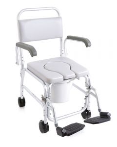 Sedia comoda per doccia in alluminio anodizzato con sedile imbottito e ruote con freno, perfetta per anziani e disabili, garantendo sicurezza e comfort nel bagno.