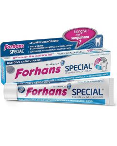 Immagine del Dentifricio Forhans Special in confezione da 100 ml, evidenziando la sua formula unica con Fluoro e Zinco Cloruro per la massima protezione dentale e gengivale, perfetta per l'uso quotidiano nella routine di igiene orale.