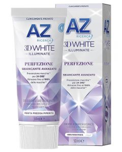Dentifricio AZ 3D White Illuminate Perfezione in tubo da 50 ml, con dettagli evidenziando la sua formula sbiancante avanzata e il sapore di menta piperita.