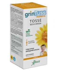 Grintuss Pediatrico Sciroppo in flacone trasparente con cucchiaino dosatore, evidenziando gli ingredienti naturali e biologici.
