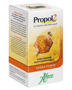 Flacone da 30 ml di Propol2 EMF Spray Forte con nebulizzatore no-gas, ideale per il benessere del cavo orale grazie alle proprietà della Propoli.