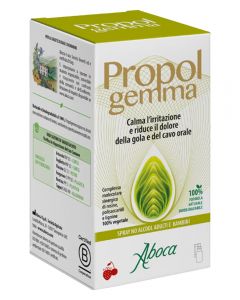 Flacone di Propolgemma spray no alcool da 30 ml con nebulizzatore, ideale per adulti e bambini per calmare l’irritazione e il dolore della gola e del cavo orale.