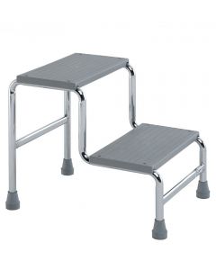 Predellino a 2 gradini in ABS con struttura in acciaio cromato e piedini antiscivolo, ideale per ospedali, cliniche e case di cura.